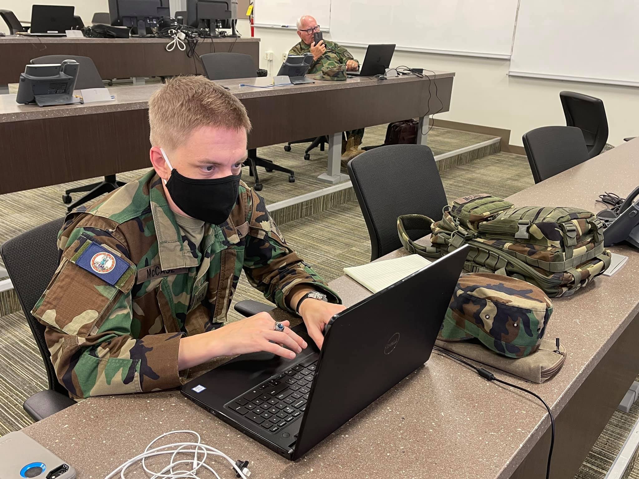 Members of the Virginia Defense Force provide operations center augmentation during Virginia National Guard flooding response Sept. 1, 2021, at the VNG Joint Operations Center at Defense Supply Center Richmond, Virginia, and at the Virginia Emergency Operations Center in Richmond, Virginia. VNG Soldiers are assisting state and local emergency services organizations in Buchanan County, and additional personnel staged in Winchester and Fredericksburg for possible support requests. Read more at https://go.usa.gov/xM3EU.