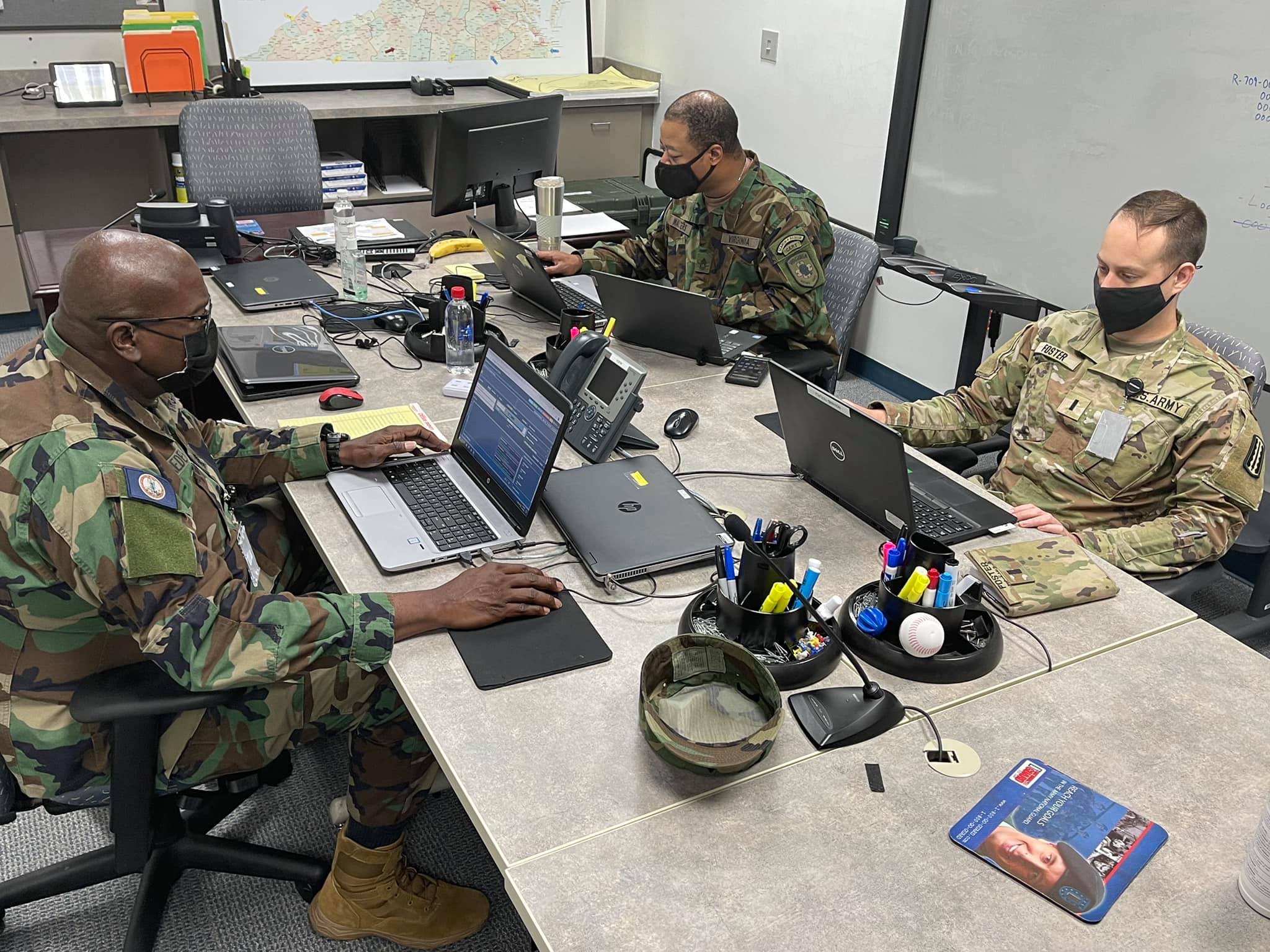 Members of the Virginia Defense Force provide operations center augmentation during Virginia National Guard flooding response Sept. 1, 2021, at the VNG Joint Operations Center at Defense Supply Center Richmond, Virginia, and at the Virginia Emergency Operations Center in Richmond, Virginia. VNG Soldiers are assisting state and local emergency services organizations in Buchanan County, and additional personnel staged in Winchester and Fredericksburg for possible support requests. Read more at https://go.usa.gov/xM3EU.
