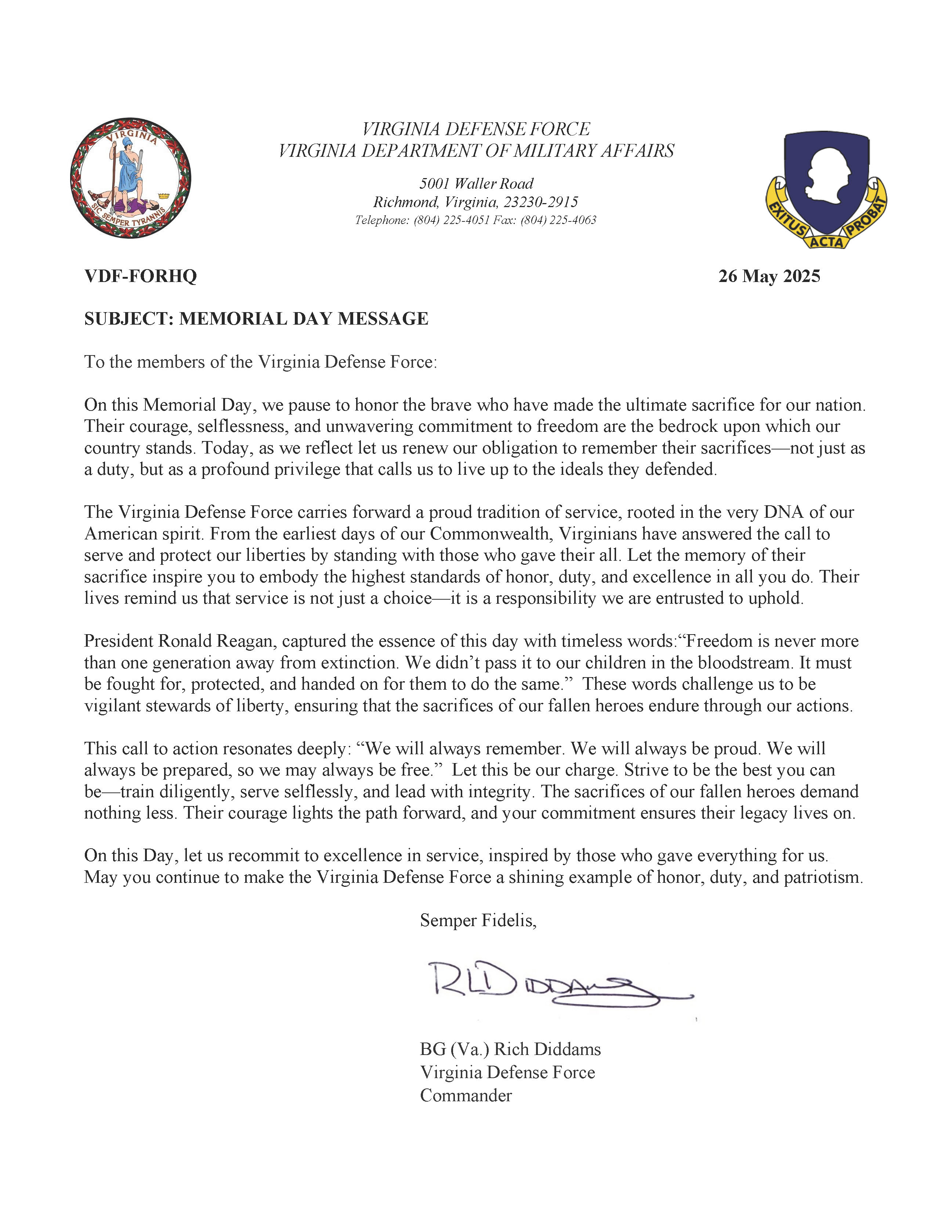 Commander of the Virginia Defense Force 2025 Memorial Day Message