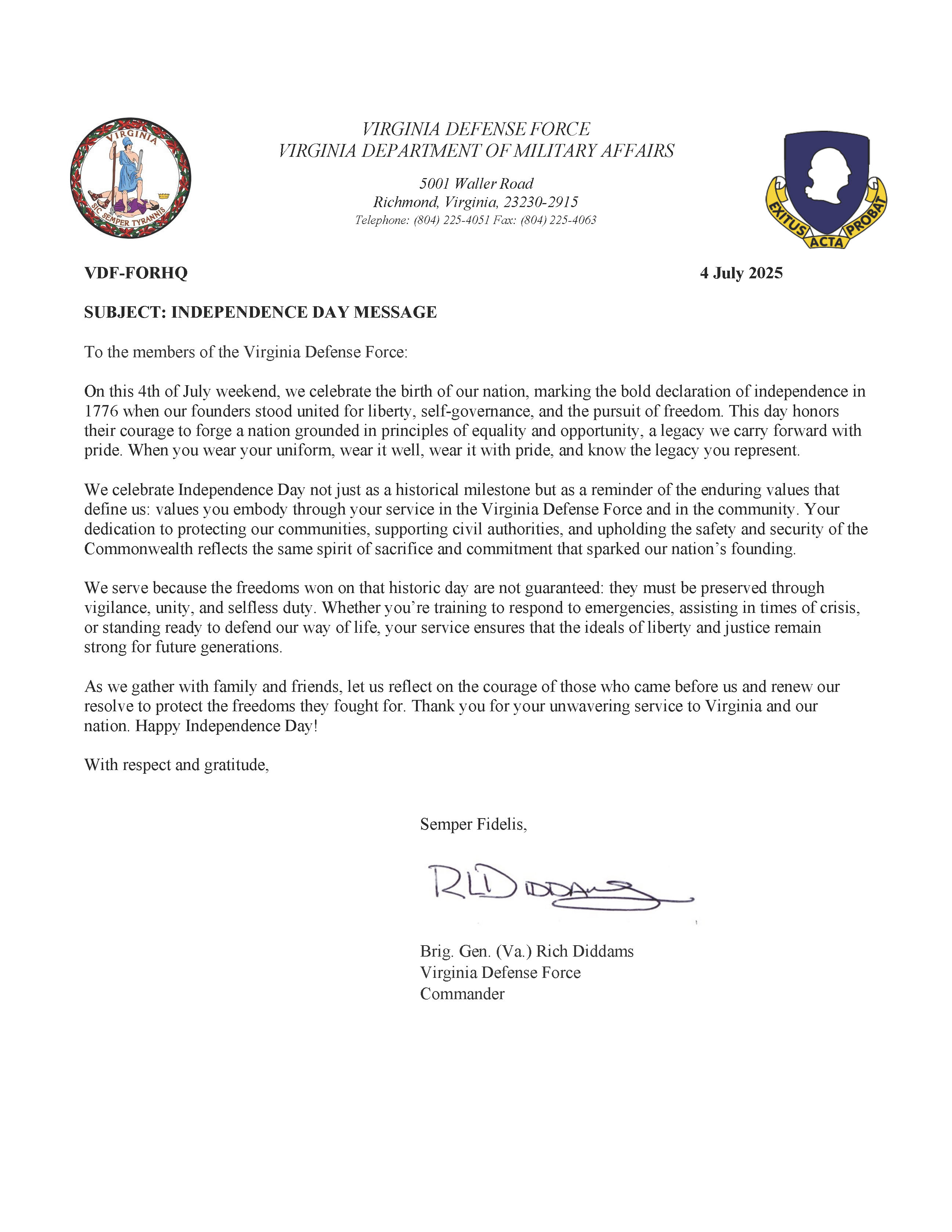 Commander of the Virginia Defense Force 20025 Independence Day Message